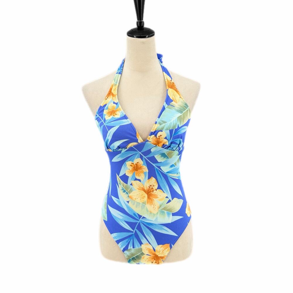 Caribbean Joe Adjustable Halter V-neck Blue Floral Tropical One Piece Swimsuit